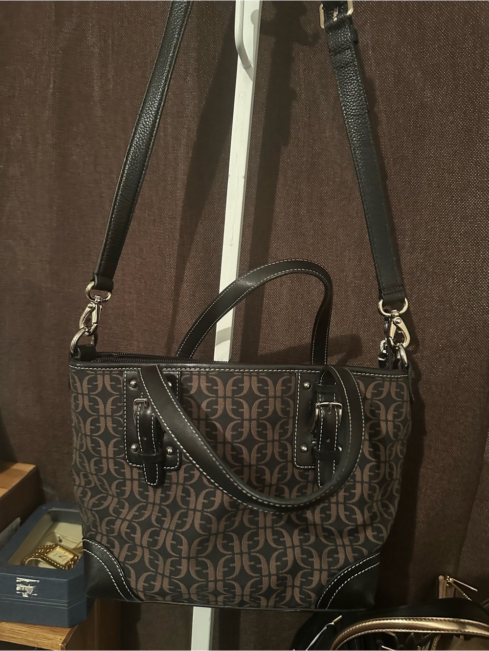 Fossil Brown and Black Monogram Shoulder Bag